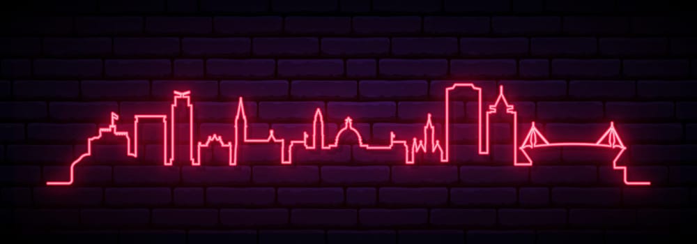 Red neon skyline of Cardiff. Bright Cardiff City long banner. Vector illustration.