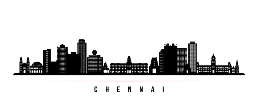 Chennai skyline horizontal banner. Black and white silhouette of Chennai, India. Vector template for your design.