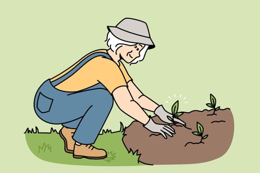 Smiling elderly woman plant seedlings in ground. Happy mature female gardener engaged in horticulture outdoors. Gardening and hobby. Vector illustration.