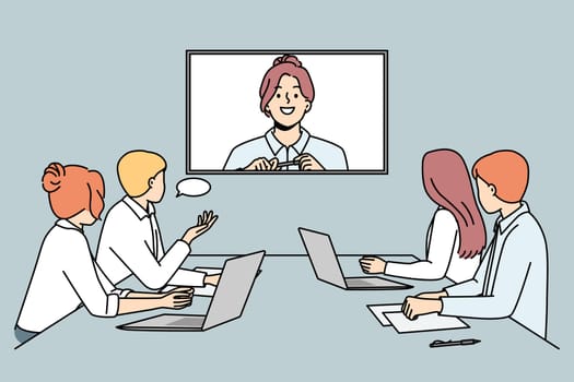 Smiling businesswoman talk on video call with colleagues in office. Businesspeople have web conference in boardroom. Digital communication. Vector illustration.