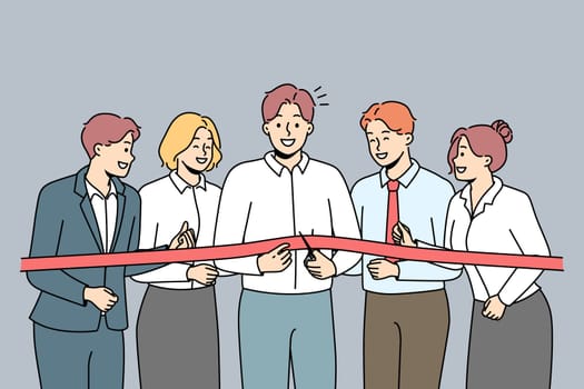 Excited business team cut ribbon open office or enterprise together. Smiling businesspeople at new workplace opening. Successful start. Vector illustration.
