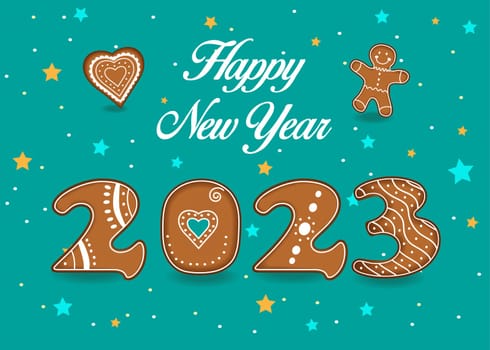 Happy New Year 2023. Artistic brown alphabet as christmas ginger cookies with white cream decor. Green background with stars and confetti. Heart and Ginger man cookies.