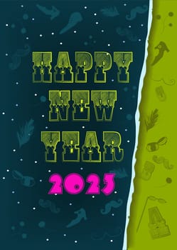 Happy New Year 2023. Yellow letters in typographic vintage style. Pink number. Green and dark blue background with retro items and snowfall.