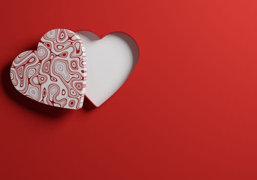 Open red heart shaped gift box or package on a red background, mock up or template, 3d rendering