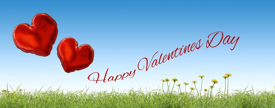 Grassy hill with two red heart shaped balloons on a blue sky, 3d rendering