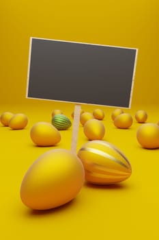 Many yellow Easter eggs with golden egg on a yellow background, modern Easter background, 3d rendering