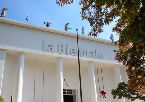 Venice, Italy - September 6, 2022: The facade of the Biennale Central Pavilion located in Giardini in Venice. Italy