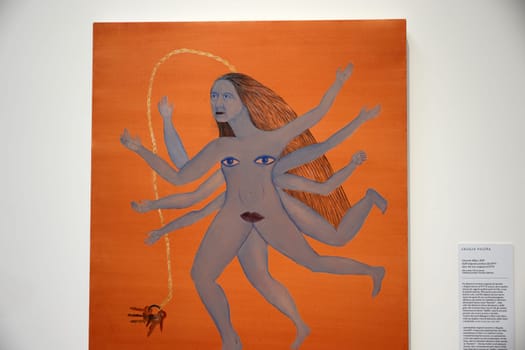 Venice, Italy - September 6, 2022:  59th Venice Art Biennale in Venice. Llaverito (Blue) , oil on canvas by Cecilia Vicuna