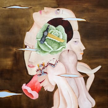 Venice, Italy - September 6, 2022: 59th Venice Art Biennale in Venice. Martillo y Repollo, oil on canvas by Cecilia Vicuna