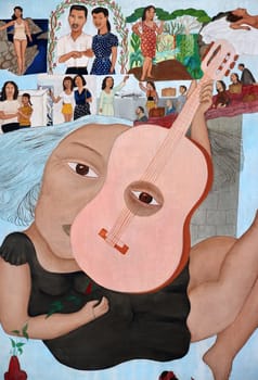 Venice, Italy - September 6, 2022:  59th Venice Art Biennale in Venice.Bendígame Mamita (1977), oil on canvas by Cecilia Vicuna