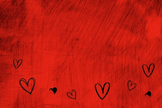 Black hearts with black scratchy background on red background
