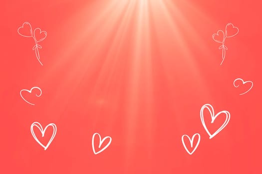 White hearts and balloons with sunbeams on a light red background
