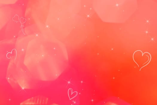 Hearts, balloons and stars on a pink and orange background with bokeh