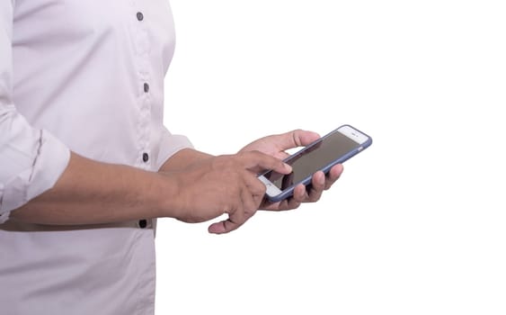Global internet connection application and technology digital marketing, Financial and banking, Businessman using smart phone mobile on isolated on white background, Clipping paths