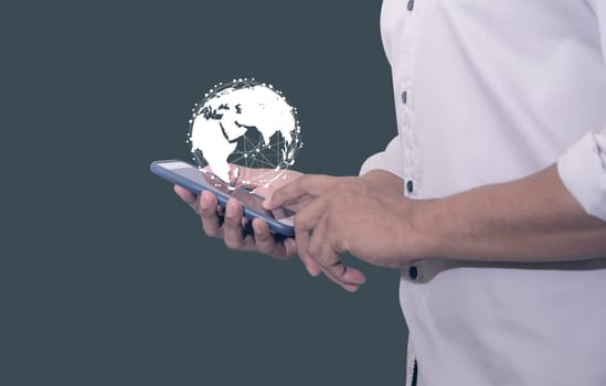 Global internet connection application and technology digital marketing, Financial and banking, Businessman using smart phone mobile on blurred background