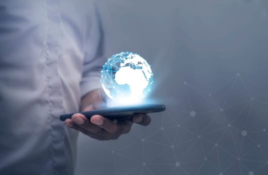 Global internet connection application and technology digital marketing, Financial and banking, Businessman using smart phone mobile on blurred background