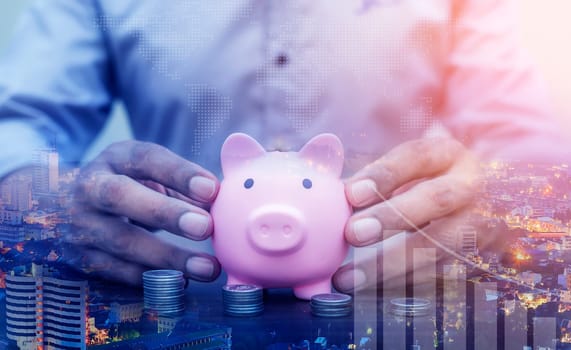 Duoble Exposure, Money and financial concept, Online Banking Savings Concept, Online Investment Savings, Online Stock Investors, Internet Financial Transactions