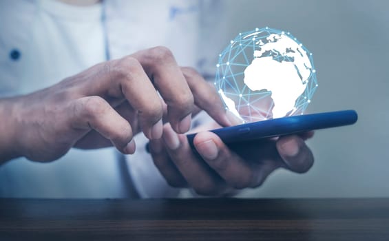 Global internet connection application and technology digital marketing, Financial and banking, Businessman using smart phone mobile on blurred background