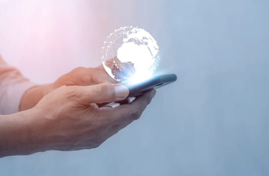 Global internet connection application and technology digital marketing, Financial and banking, Businessman using smart phone mobile on blurred background