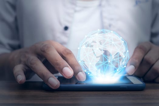 Global internet connection application and technology digital marketing, Financial and banking, Businessman using smart phone mobile on blurred background
