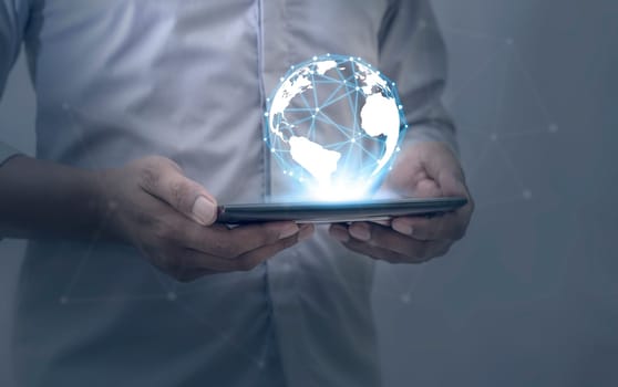 Global internet connection application and technology digital marketing, Financial and banking, Businessman using smart phone mobile on blurred background