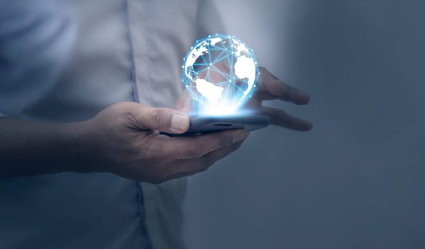 Global internet connection application and technology digital marketing, Financial and banking, Businessman using smart phone mobile on blurred background