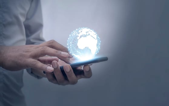 Global internet connection application and technology digital marketing, Financial and banking, Businessman using smart phone mobile on blurred background