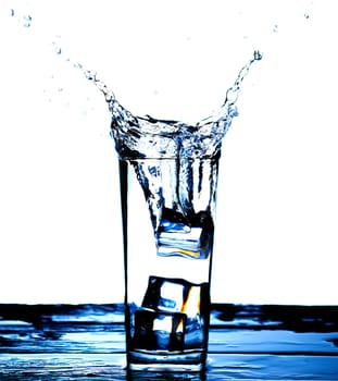 The image of pouring drinking water, into a glass, that makes one feel refreshed on blurred white background, Splashing water, Sparkling water