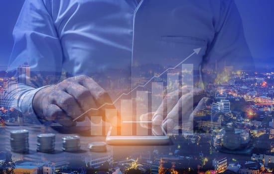 Duoble exposure, Money and financial concept, Online Banking Savings Concept, Online Investment Savings, Online Stock Investors, Internet Financial Transactions