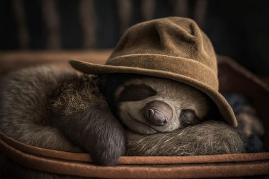 Cute sloth sleeping in a basket wearing a cute hat. Depth of field. Generative AI