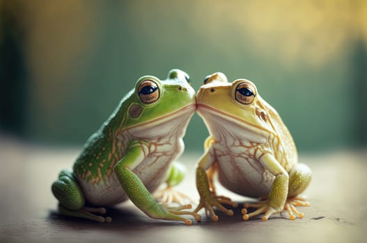 Two frogs kissing each other. Valentines day concept picture. Generative AI