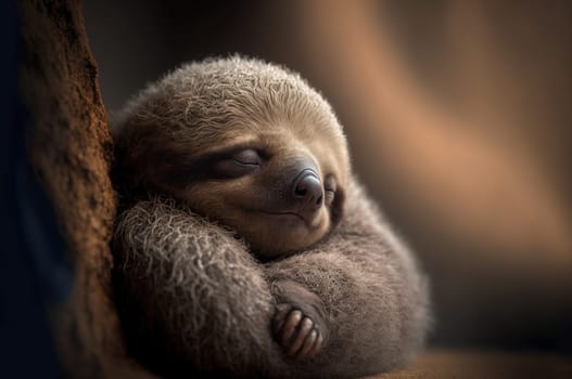 Cute sloth sleeping in a tree. Depth of field. Generative AI