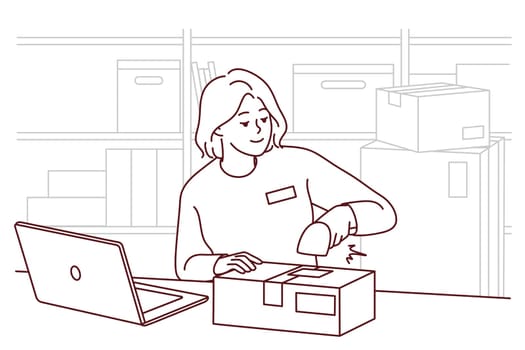 Woman employee work with scanner at warehouse. Smiling female worker packing parcels at storehouse or depot. Occupation. Vector illustration.