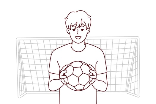 Smiling guy with ball stand near gates playing football. Happy male athlete or sportsman enjoy soccer game outdoors. Goalkeeper near net. Vector illustration.