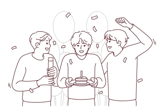 Smiling guys greeting friend with cake and balloons. Happy people celebrate birthday together. Party and celebration. Vector illustration.