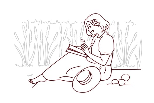 Woman sitting in field reading book. Happy girl enjoy summer picnic with magazine or textbook. Summertime relaxation. Vector illustration.