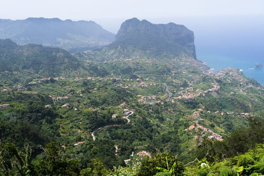 Landscape scenery from Portela Viewpoint - Porto da Cruz at beautiful coast and mountains in the north of Madeira island