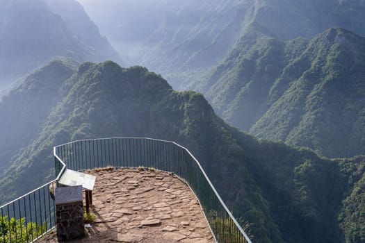 Aerial panorama of mountains and rainforest hills on Madeira island Portugal. View from Balcoes levada viewpoint balcony