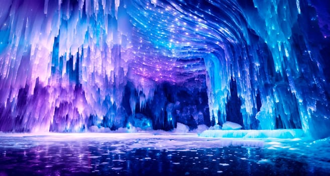 A snowy ice cave with a light shining inside. Generative AI