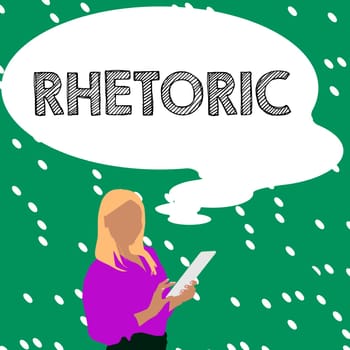 Text caption presenting Rhetoric, Business showcase study of writing or speaking as mean of communication or persuasion