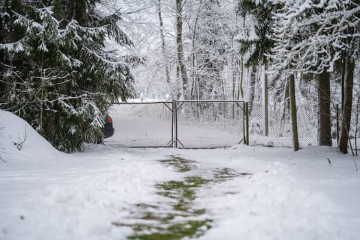 The cleared path from snow to closed gates.
