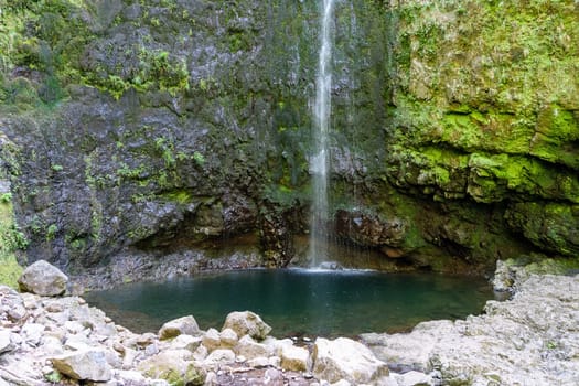 View of the Caldeirao verde waterfall, Santana, Madeira, Portugal