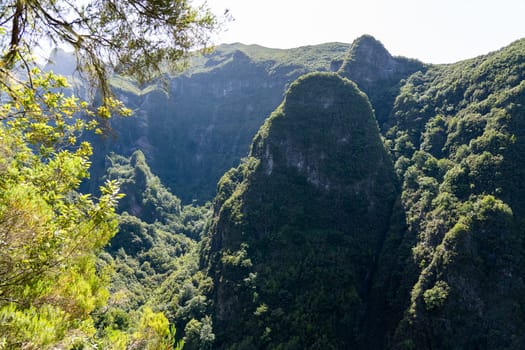 Mountain landscape. View of mountains on the route Queimadas Forestry Park - Caldeirao Verde, Madeira Island, Portugal, Europe.