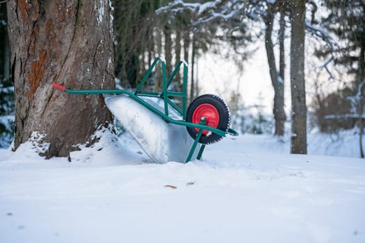 Wheelbarrow at a tree in snow at winter time.