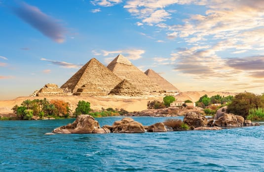 African stones near Aswan in the Nile on the way to the pyramids, Egypt.