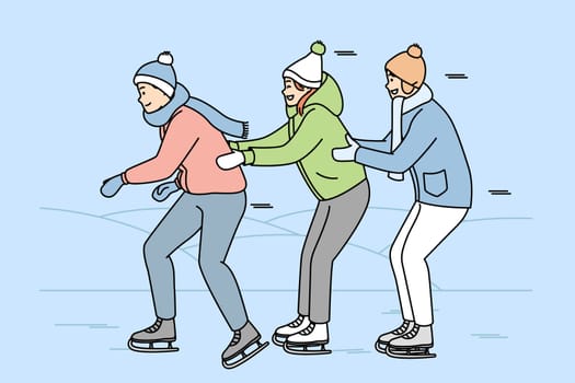 Girl, guys in warm clothes are skating holding each other. Young skaters have fun on ice rink. Winter games. Sport, healthy lifestyle. Vector line art multicolored illustration isolated on blue.