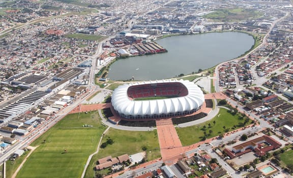Aerial view of the soccer stadium and lake in Port Elizabeth, South Africa