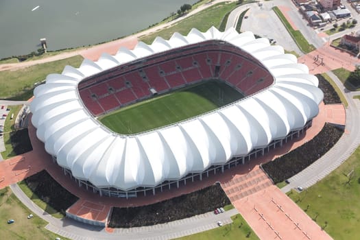 Aerial view of the soccer stadium and lake in Port Elizabeth, South Africa