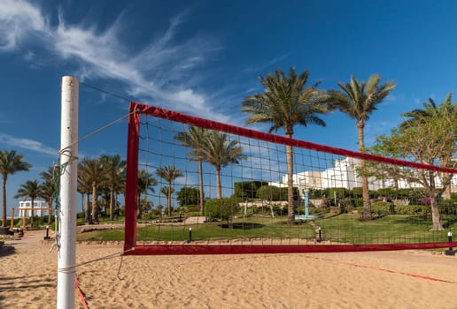 The beach at the luxury hotel, Sharm el Sheikh, Egypt. view from the net of volleyball court