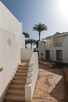 The small part of the white facade of the building in Egypt. side view. ladder